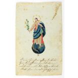 Stickbild mit Immaculata, darunter Gebet. Pergament. Frühes 19. Jh. 13,5 x 8,5 cm
