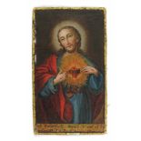 Andachtsbild. Christus mit brennendem Herz. Polychrom bemalte Lithographie. Um 1800. 10,5 x 6 cm