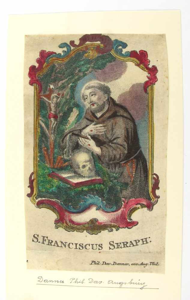 Andachtsbild "S. Franciscus Seraph". Kolorierter Kupferstich, 18. Jh. 15,5 x 9,2 cm