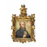 Hl. Ignatius von Loyola im Ordensgewand. Ktn. auf Holz. 11 x 9 cm. Gl.u.R