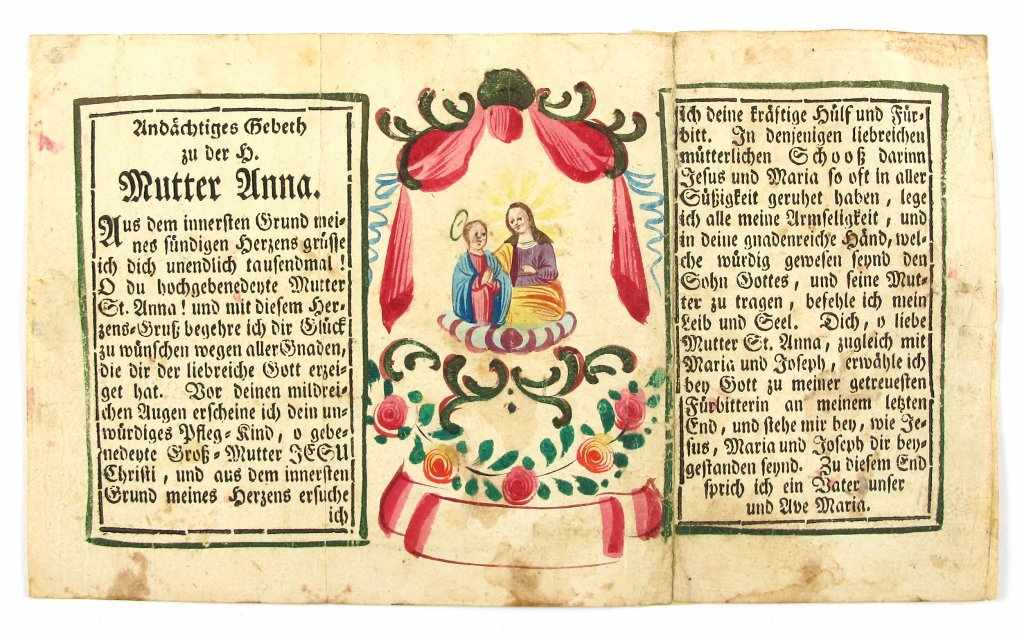 Andachtsbild mit Mutter Anna. Polychrome Malerei und gedrucktes Gebet. 18. Jh. 11,5 x 20 cm