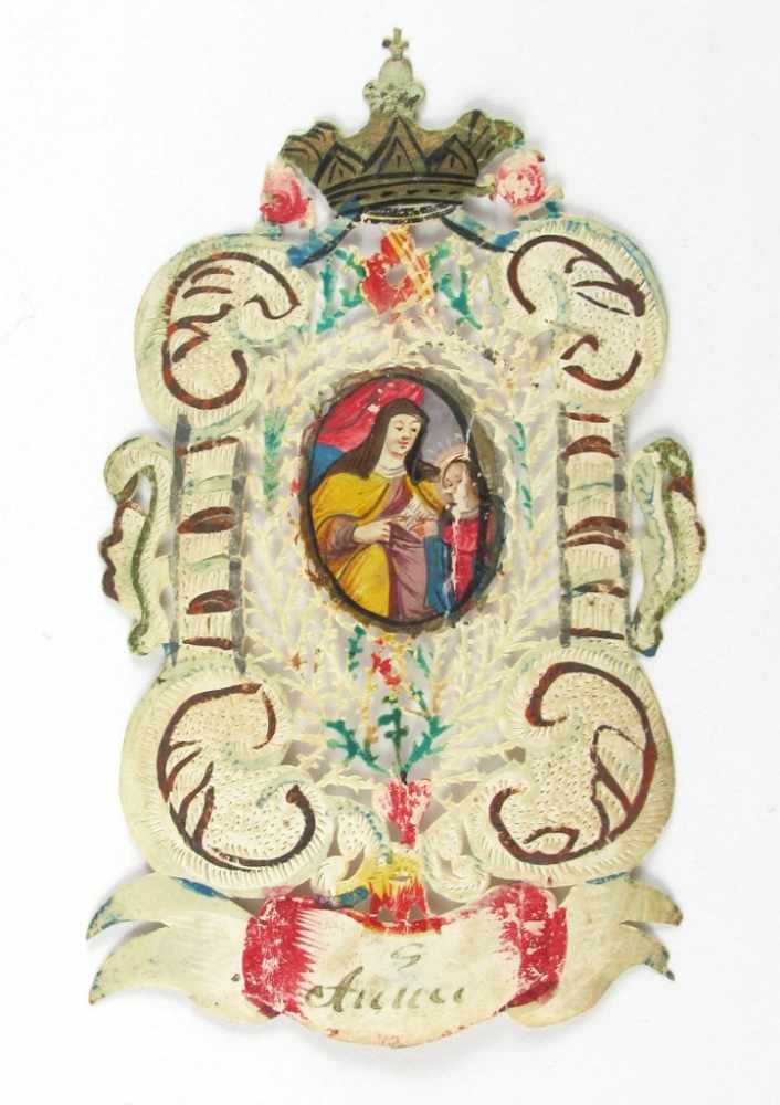 Spitzenschnittbild mit Mutter Anna und Maria. Polychrome Malerei. 10 x 5,7 cm