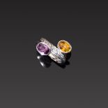 Saphir-/Brillantring. Ovaler gelber Saphir ca. 1,99 ct. Ovaler violetter Saphir ca. 1,66 ct.