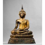 Großer sitzender Buddha auf doppeltem Lotossockel. Dhyana Asana. Bhumisparsa Mudra. Ushnisha mit