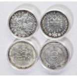 Vier Silbermünzen: 100 Schilling Österreich 1975 50 Jahre Schilling, 100 Schilling 1975 20 Jahre