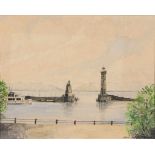 Joh. Deininger. Sign. und (19)57 dat. Blick auf den Lindauer Hafen. Aquarell. 20 x 24,5 cm. Gl.u.R