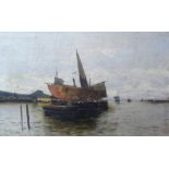 Joh. Wagner. Maler um 1900. Sign. Uferstück mit zahlreichen Segelbooten an einem dunstigen Morgen.