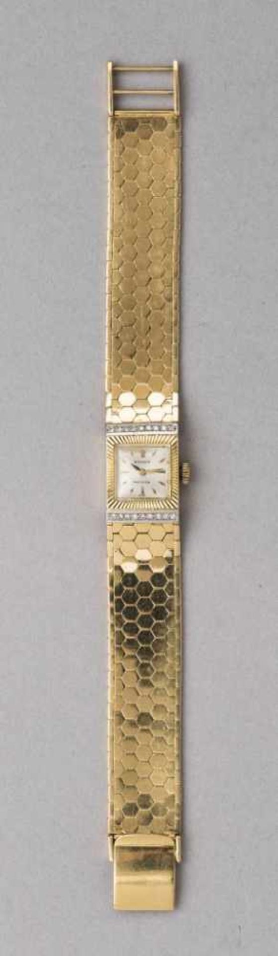 Goldene Rolex-Damenarmbanduhr, 18 ct. Modell Cellini. Massives Karreegehäuse. Lunette strahlenförmig - Bild 2 aus 2