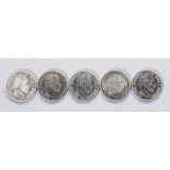 Fünf Silbermünzen: 2 Mark Deutsches Reich 1876 (zwei Stück), 1877, 1880, 1883, Wilhelm Deutscher
