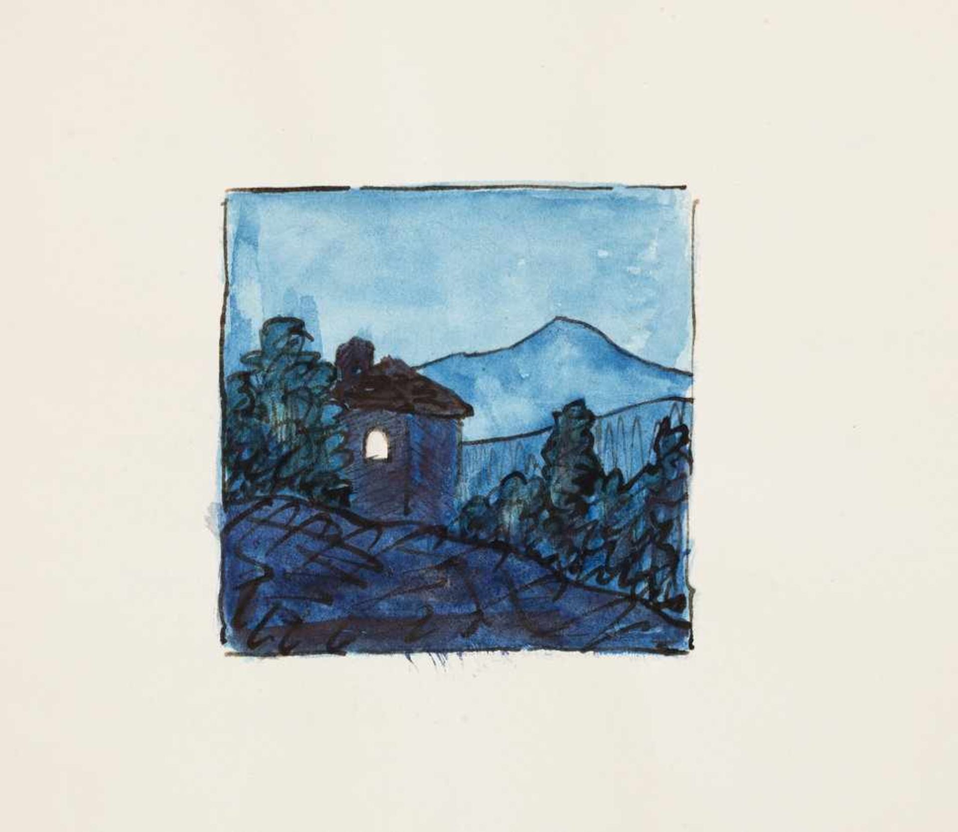 Hermann Hesse. 1877 Calw - 1962 Montagnola/Tessin. Doppelblatt mit kleiner Aquarellzeichnung und