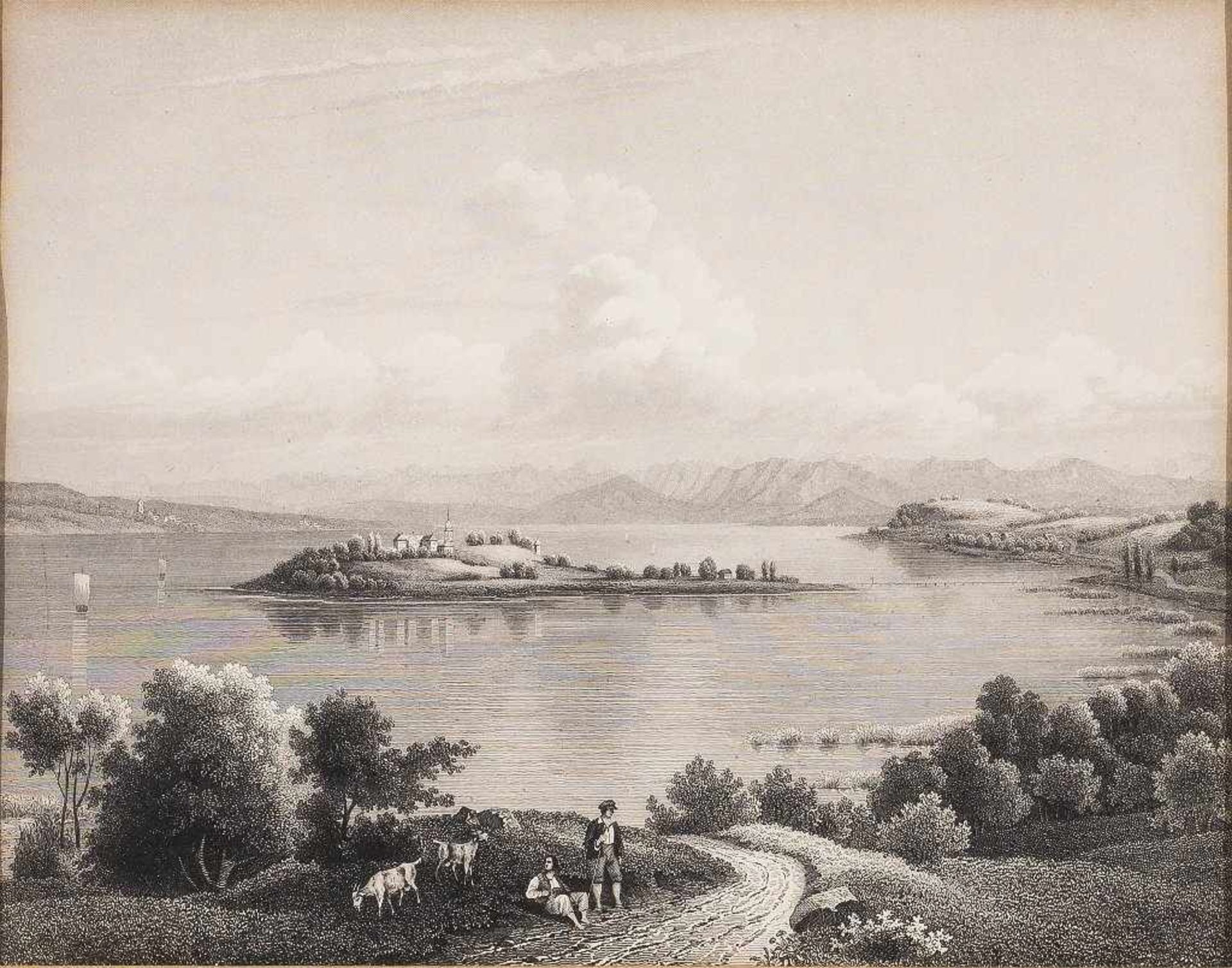 Mainau. Blick vom Bodenseeufer mit Hirten auf die Insel. Stahlstich, 19. Jh. Bildgr. 17,5 x 22 cm.