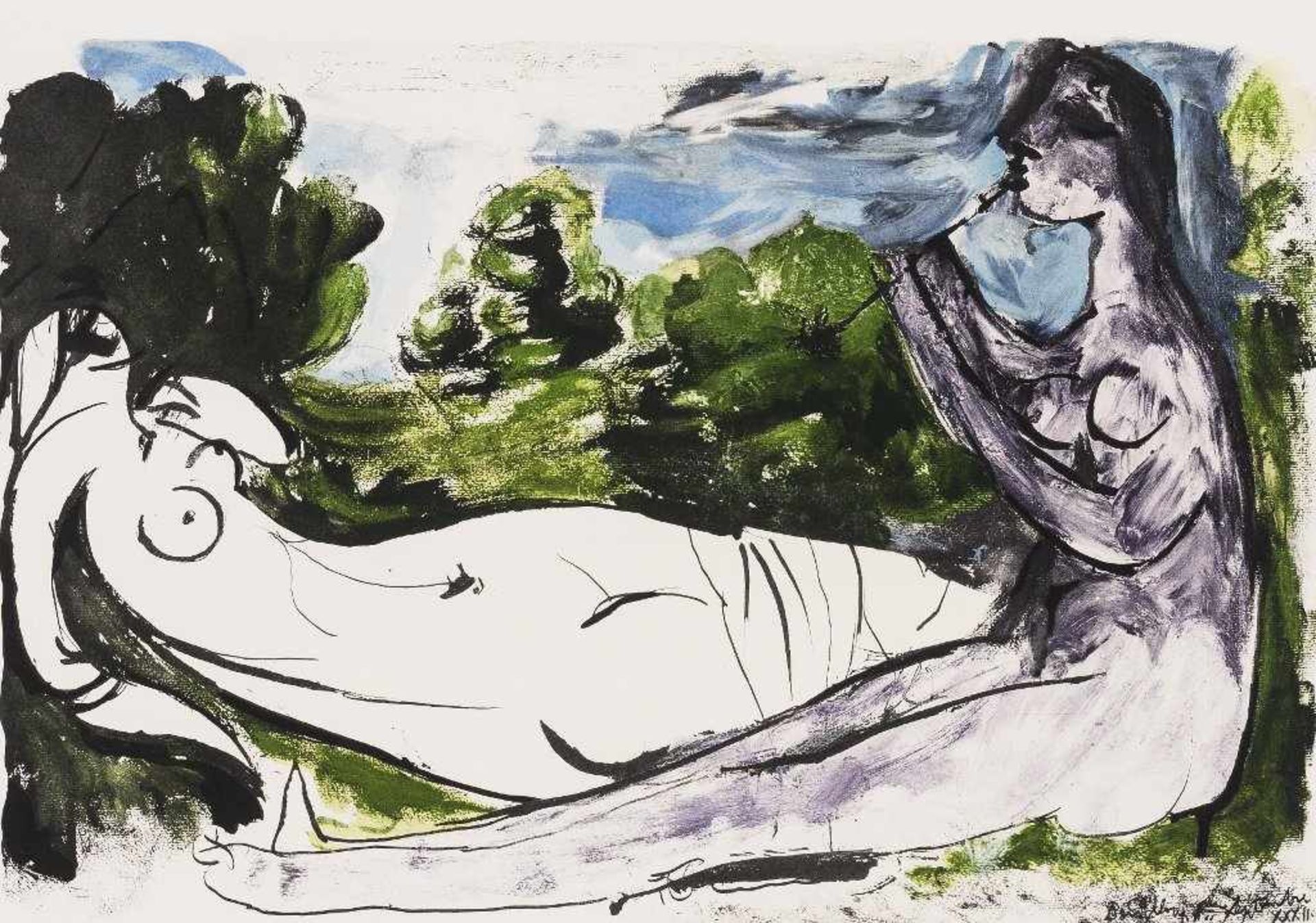 Pablo Picasso. 1881 Malaga - 1973 Mougins. Femme nue couchée et joueur de flûte. Radierung mit