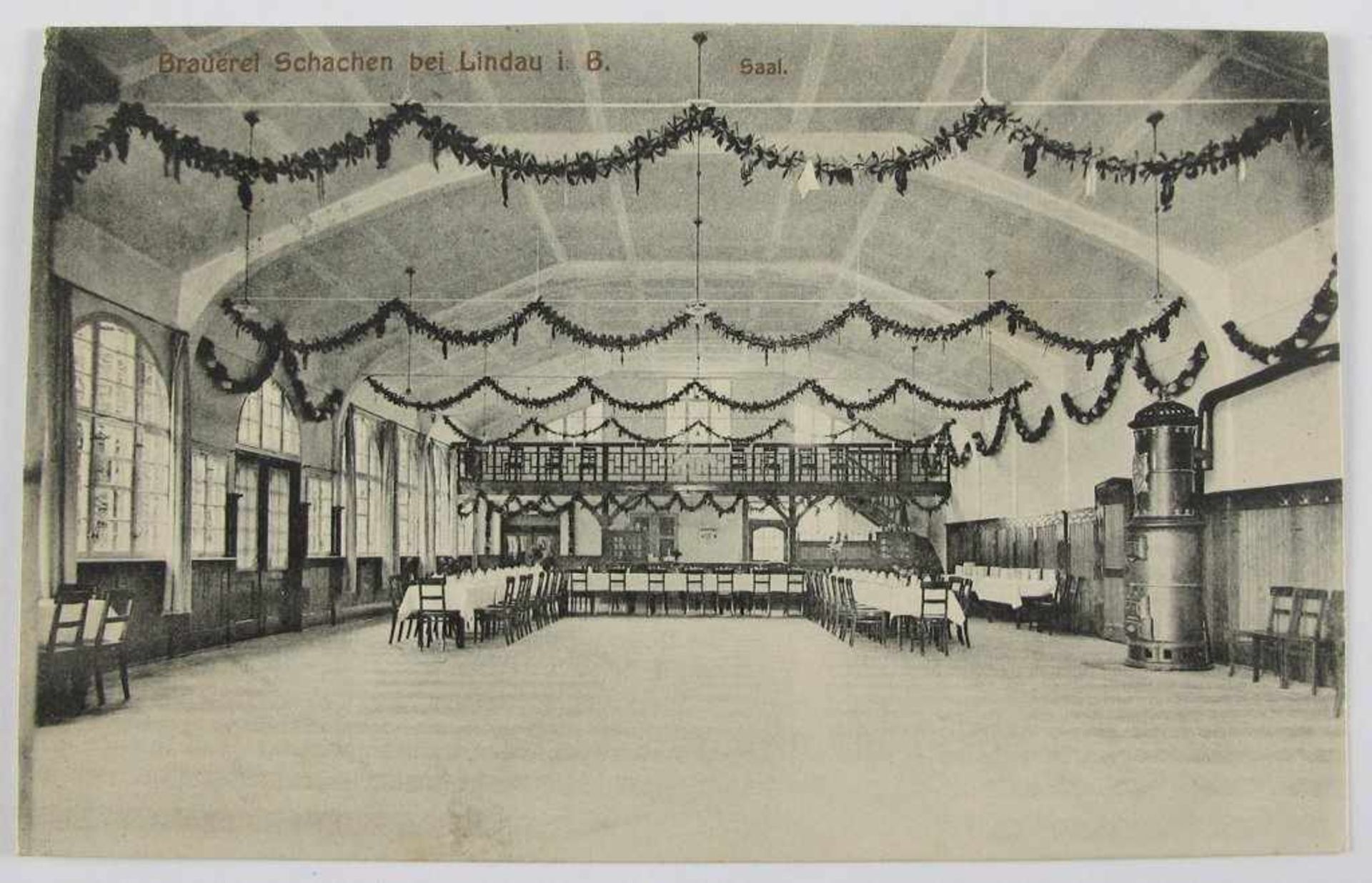 Postkarte Lindau Brauerei Schachen, Blick in den Saal. Gelaufen 1911