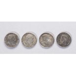 Vier Silbermünzen: 2 Mark Deutsches Reich 1901, 1902, 1903, Friedrich Großherzog von Baden, 2 Mark