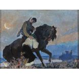 Russischer Maler 1. Hälfte 20. Jh. Müder Krieger zu Pferd. Öl/Ktn. 17,5 x 23 cm. R