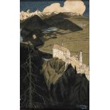 Fritz Müller. Sign. und 1905 dat. Blick von der Höhe auf Neuschwanstein. Kohle/Mischtechnik. 54 x 35