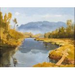 Droop. Sign. und (19)89 dat. Flusslandschaft im Herbst. Öl/Lwd. 26 x 32 cm. R