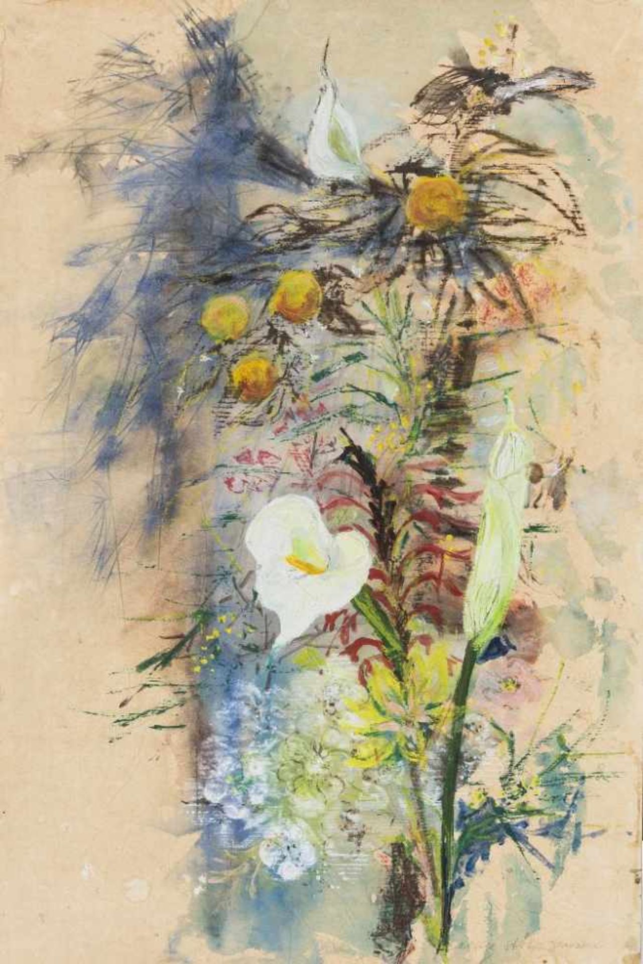 Anne Stöhr-Jensen. 1914 Niederkrüchten - 1991 Lindau. Sign. Um 1973. Sonnenblumen mit Calla.