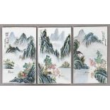 Drei Porzellanbilder. Bemalung mit Fluss- und Felslandschaft. China. Jew. 37 x 22 cm