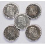 Fünf Silbermünzen: 2 Mark Deutsches Reich 1903, 1904, 1905, 1906, 1907 Wilhelm II. König von