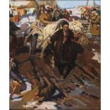 Russischer Maler um 1925. Sowjets vertreiben Bauern. Öl/Ktn. 20,5 x 17 cm. R