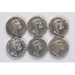 Sechs Silbermünzen: 2 Mark Deutsches Reich 1898, 1899, 1902, 1904, 1905, 1907, Wilhelm II. Deutscher