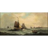 William Anslow Thornley. 1847 - 1907. Sign. Segelschiffe und Boote in bewegter See vor Stadtkulisse.