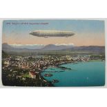 Postkarte "Bregenz mit Graf Zeppelin's Luftschiff". Farbkarte, Photoglob Zürich. Stempel "