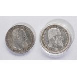 Zwei Silbermünzen: 5 Mark Deutsches Reich 1902 sowie 5 Mark Deutsches Reich 1903 Wilhelm II. König