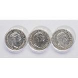 Drei Silbermünzen: 5 Mark Deutsches Reich 1892, 1900, 1907, Wilhelm II. Deutscher Kaiser König von