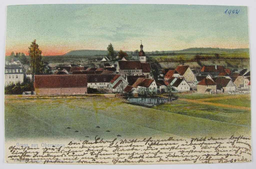 Postkarte Obernzenn. Gesamtansicht. Farbkarte, gelaufen 1902