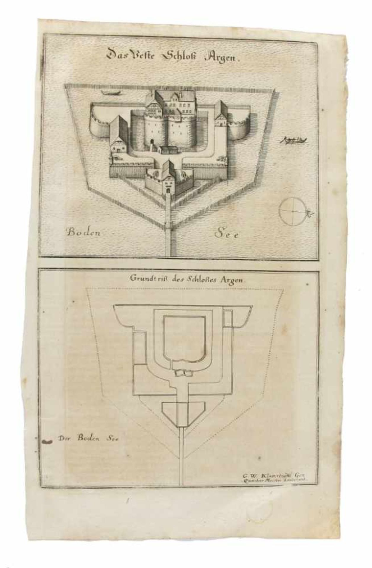 Langenargen. "Das Veste Schloß Argen" sowie "Grundtriß des Schloßes Argen". Zwei Kupferstiche auf