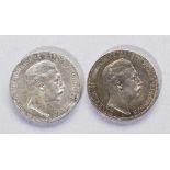 Zwei Silbermünzen: 3 Mark Deutsches Reich 1910 Wilhelm II. Deutscher Kaiser König von Preussen