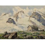 Carl Roschet. 1868 - 1925. Sign. Blick auf Eiger, Mönch und Jungfrau an einem Sommertag. Aquarell.