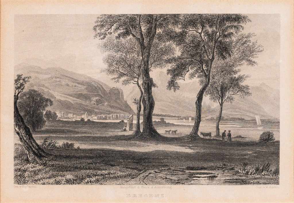 Bregenz und Insel Mainau. 2 Bll. Stahlstiche, um 1850. Ansicht 10 x 15,3 cm und 11 x 16 cm. Jew. mit