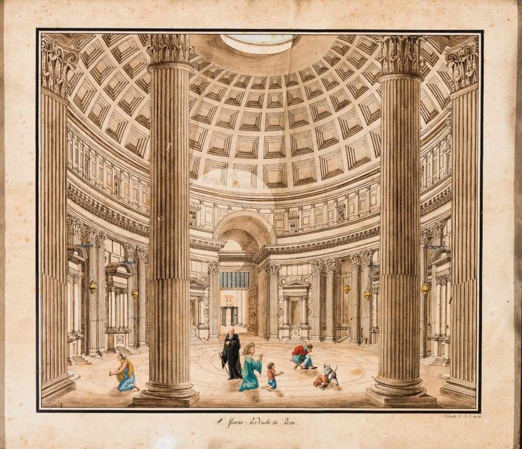 Rom. Bet. "St. Maria Rodonta in Rom" (Rotonda). Gläubige im Inneren des Pantheons. Aquarell über