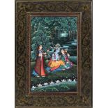 Indische Malerei. Tändelnder Krishna bei Mondschein. Gouache. 32 x 23,5 cm. Gl.u.R