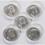 Fünf Silbermünzen: 3 Mark Deutsches Reich 1908, 1909, 1910, 1911, 1912, Wilhelm II. Deutscher Kaiser
