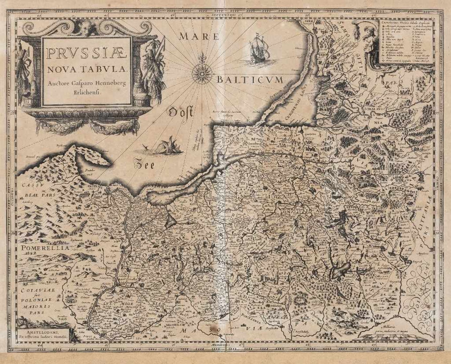 Preussen (Ostpreussen). "Prussiae Nova Tabula". Kupferstichkarte nach Caspar Henneberg von Jodocus