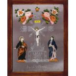 Zipser Spiegelhinterglas. "Es ist vollbracht". Kreuz mit Johannes und Maria. 19. Jh. 48 x 36 cm.