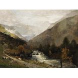 H. Schumacher. Maler des 19. Jh. Sign. Gebirgslandschaft mit Wildbach. Öl/Lwd. 90 x 121 cm. R- - -