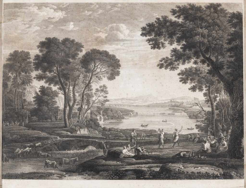 Pietro Parboni. 1783 - Rom - 1841. Pastorale Landschaft. Kupferradierung nach Claude Lorrain, um