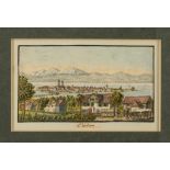 Lindau. Blick von Aeschach über Bauernhäuser auf die Insel mit Holzbrücke und Landtor. Im