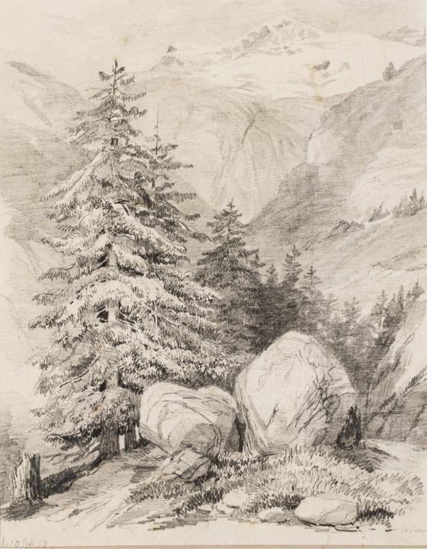 Alexandre Calame. 1810 Vevey - 1864 Menton. 2 Bll. Bleistiftzeichnungen aus einem Skizzenbuch, ein