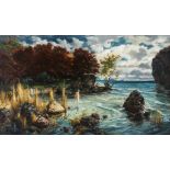 Maler um 1880 in der Art Böcklins. Malerische Bucht mit weiblichem Akt. Öl/Lwd. 98 x 167 cm. R- - -