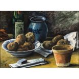 Maler des 20. Jh. Sign. I. Vol... und (19)71 dat. Stilleben mit Kartoffeln, irdenem Geschirr und