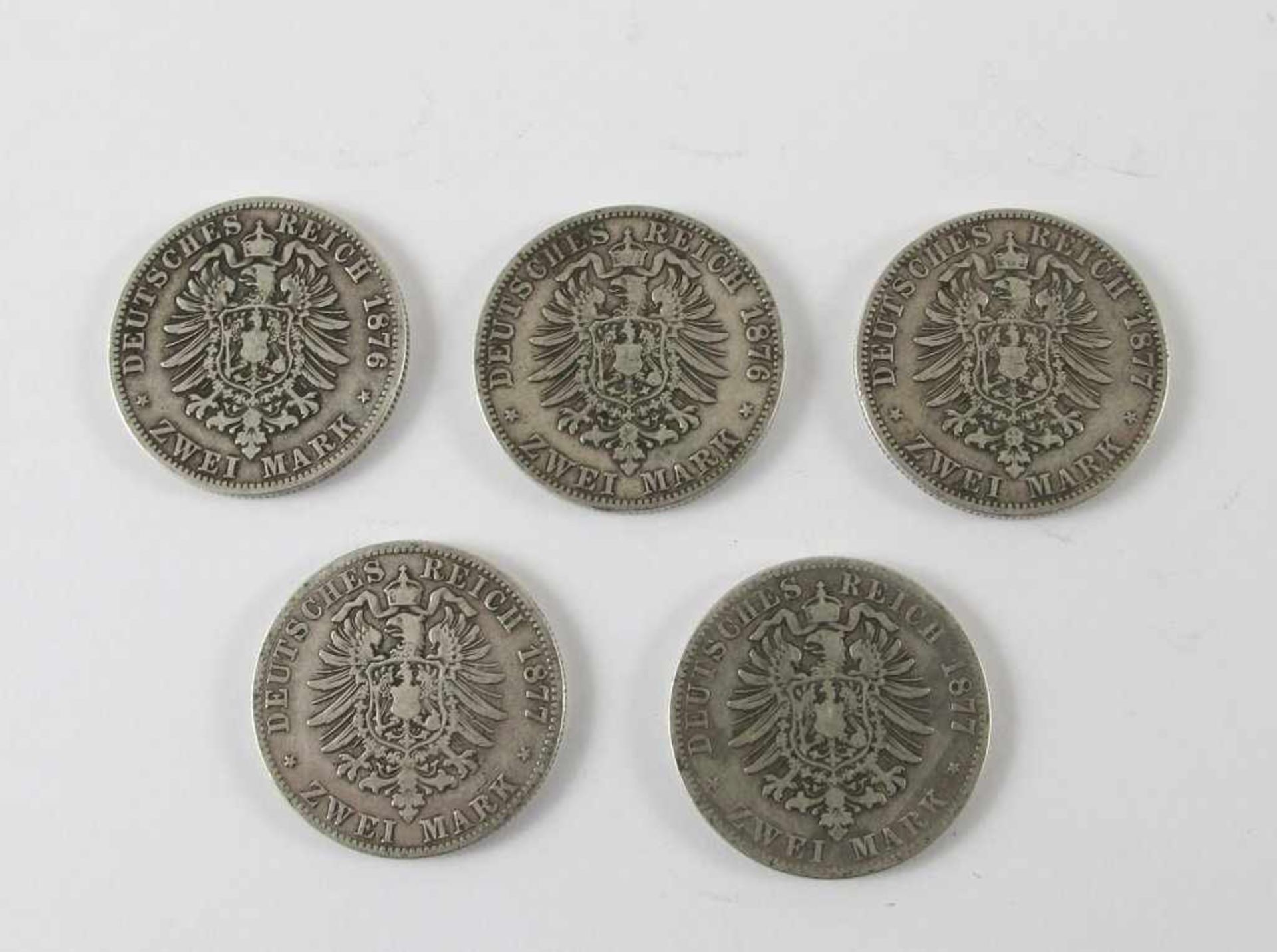 Preußen: fünf Münzen 2 Mark (S) 1876 (zwei Stück) und 1877 (drei Stück) Wilhelm I. J. 96- - -27.00 % - Bild 2 aus 2