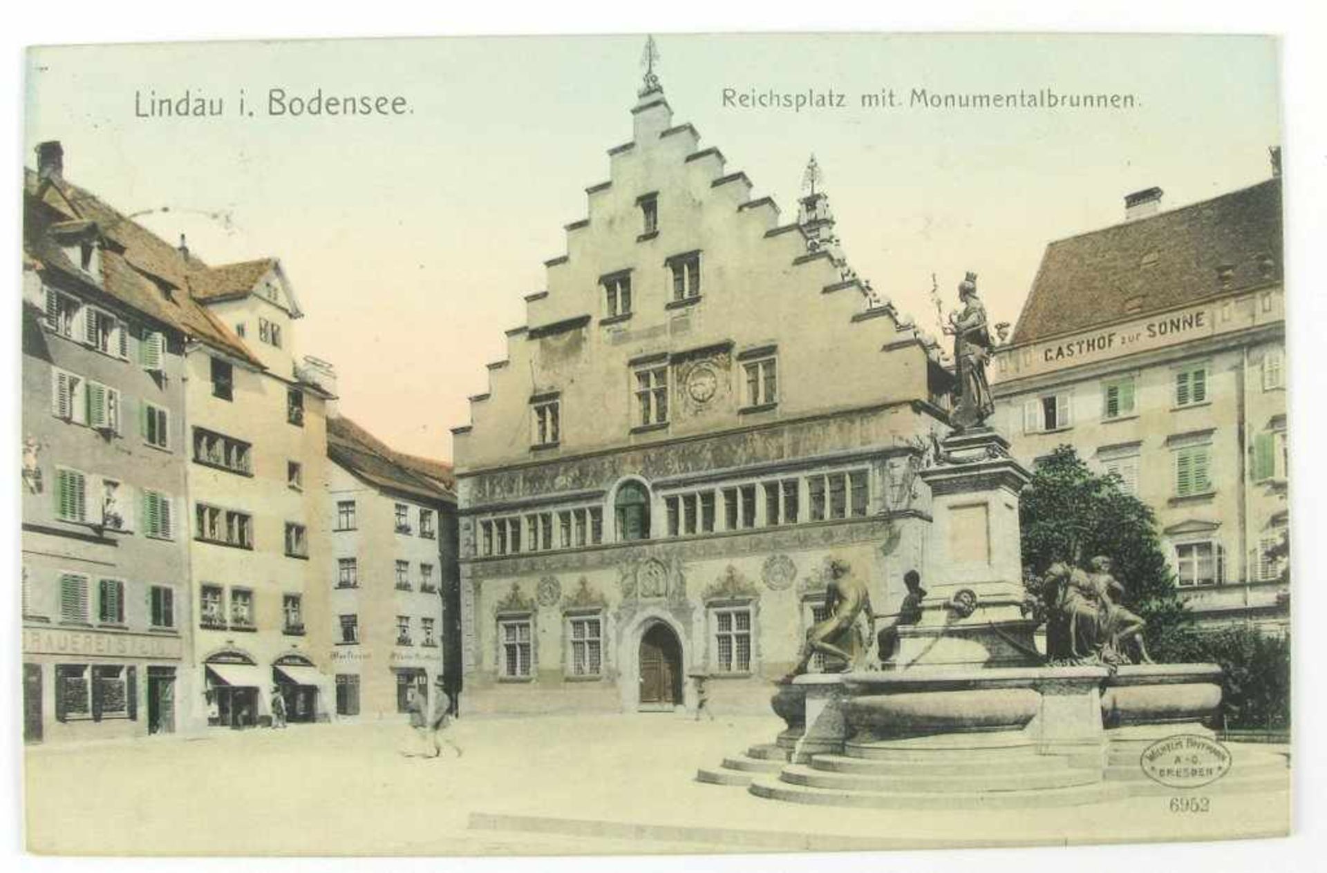 Postkarte Lindau. "Reichsplatz mit Monumentalbrunnen". Verlag Wilhelm Hoffmann Dresden. Gelaufen