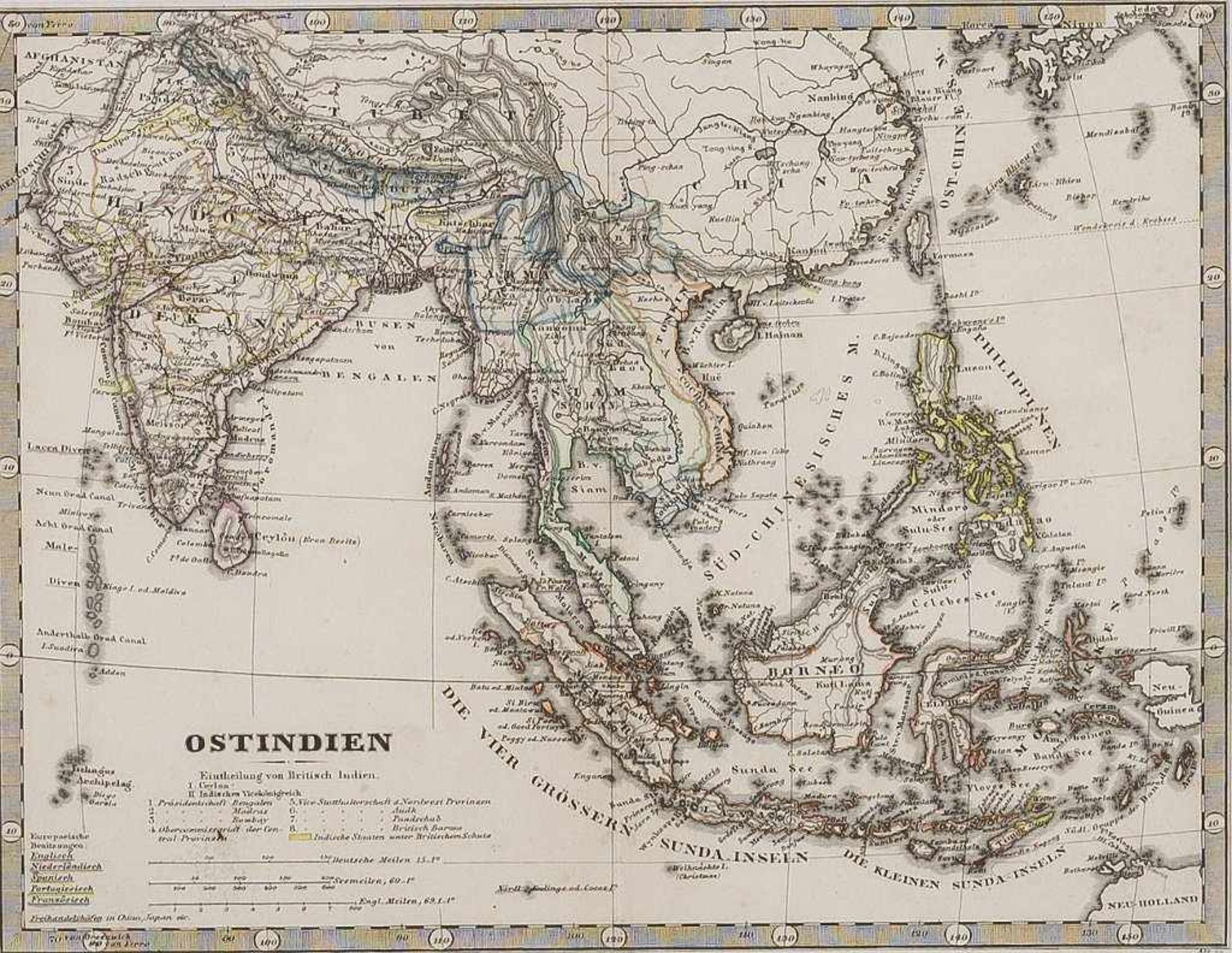 Indien. "Ostindien". Teilkol. Stahlstich bei Justus Perthes Gotha, um 1865. Bildgr. 18,5 x 26 cm.