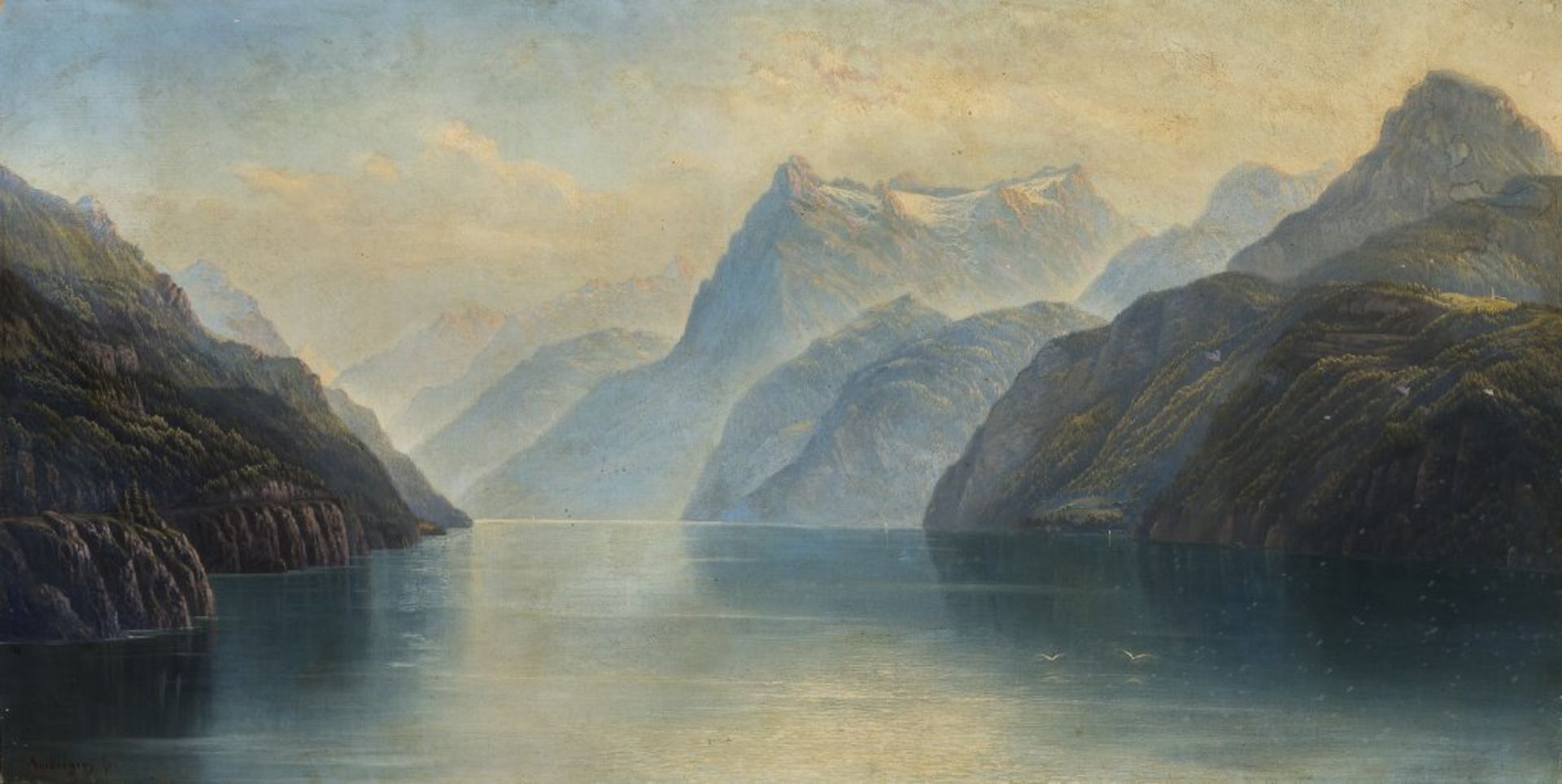 Amberger. Maler des 19. Jh. Sign. Blick auf Königssee und Watzmann. Öl/Lwd. 70 x 139 cm. R- - -27.00